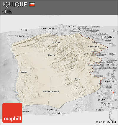 Shaded Relief Panoramic Map of IQUIQUE, desaturated