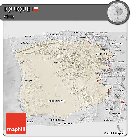 Shaded Relief Panoramic Map of IQUIQUE, desaturated