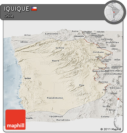 Shaded Relief Panoramic Map of IQUIQUE, semi-desaturated