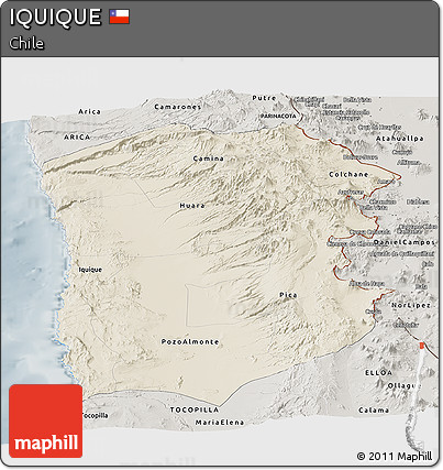Shaded Relief Panoramic Map of IQUIQUE, semi-desaturated