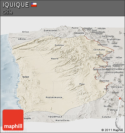 Shaded Relief Panoramic Map of IQUIQUE, semi-desaturated