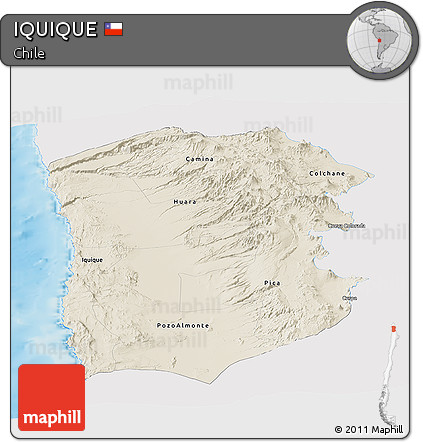 Shaded Relief Panoramic Map of IQUIQUE, single color outside
