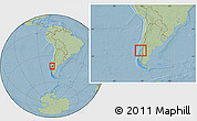 Savanna Style Location Map of Calbuco (Is.), within the entire country, hill shading