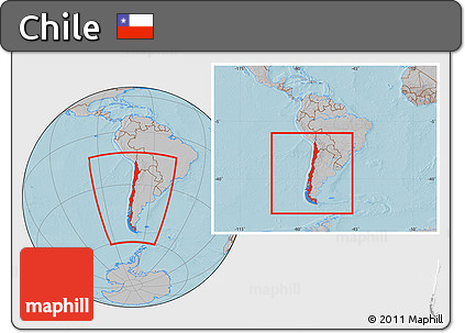 Gray Location Map of Chile, within the entire continent, hill shading
