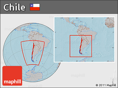 Gray Location Map of Chile, within the entire continent, hill shading