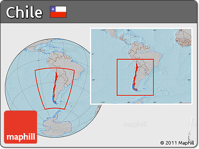 Gray Location Map of Chile, within the entire continent, hill shading