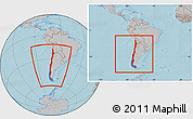 Gray Location Map of Chile, within the entire continent, hill shading