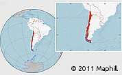 Gray Location Map of Chile, highlighted continent, hill shading