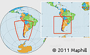 Political Location Map of Chile, within the entire continent