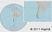 Political Location Map of Chile, gray outside, hill shading