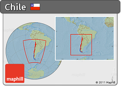 Savanna Style Location Map of Chile, within the entire continent, hill shading
