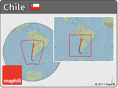 Savanna Style Location Map of Chile, within the entire continent, hill shading