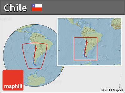Savanna Style Location Map of Chile, within the entire continent, hill shading
