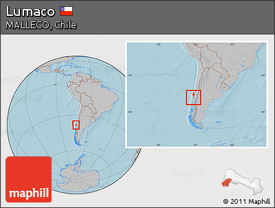 Gray Location Map of Lumaco, within the entire country, hill shading