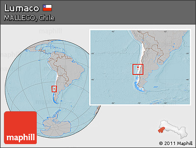Gray Location Map of Lumaco, highlighted country, within the entire country, hill shading