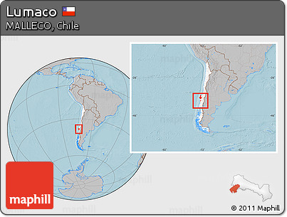Gray Location Map of Lumaco, highlighted country, within the entire country, hill shading