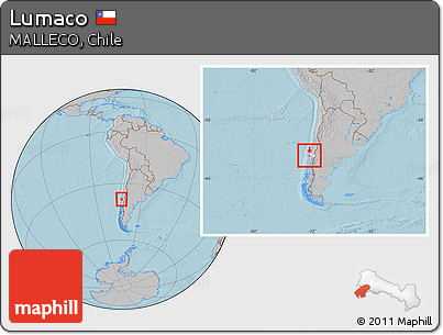 Gray Location Map of Lumaco, highlighted parent region, within the entire country, hill shading