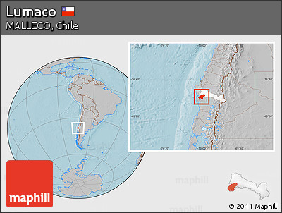 Gray Location Map of Lumaco, highlighted parent region, hill shading