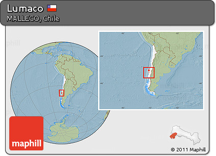 Savanna Style Location Map of Lumaco, highlighted country, within the entire country, hill shading
