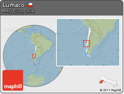 Savanna Style Location Map of Lumaco, highlighted country, within the entire country, hill shading