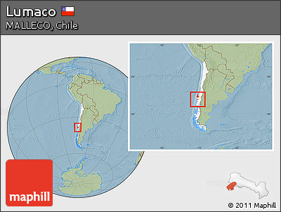 Savanna Style Location Map of Lumaco, highlighted country, within the entire country, hill shading