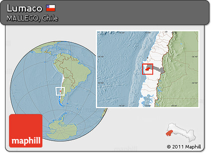 Savanna Style Location Map of Lumaco, highlighted country, highlighted parent region, hill shading