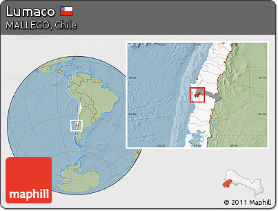 Savanna Style Location Map of Lumaco, highlighted country, highlighted parent region, hill shading