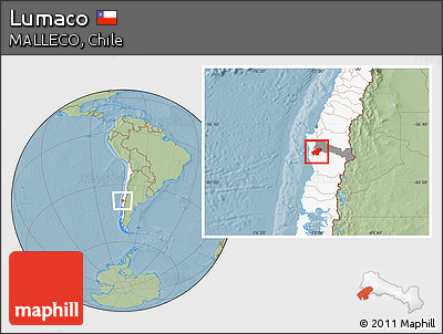 Savanna Style Location Map of Lumaco, highlighted country, highlighted parent region, hill shading