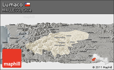 Shaded Relief Panoramic Map of Lumaco, darken, semi-desaturated