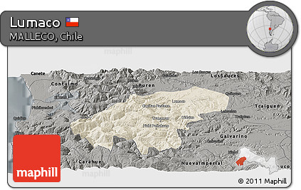 Shaded Relief Panoramic Map of Lumaco, darken, semi-desaturated