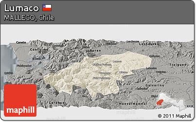 Shaded Relief Panoramic Map of Lumaco, darken, semi-desaturated