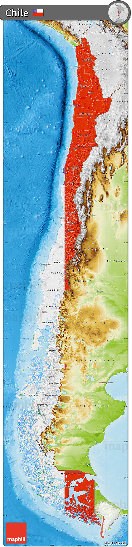 Flag Map of Chile, physical outside, flag rotated