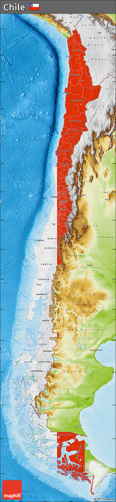 Flag Map of Chile, physical outside, flag rotated
