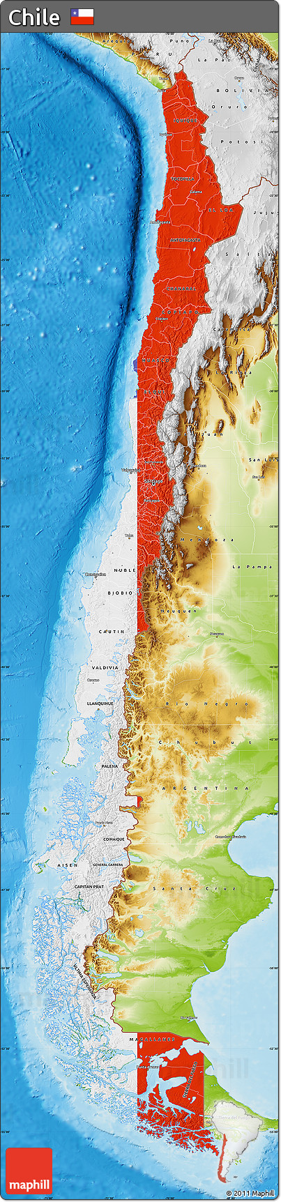 Flag Map of Chile, physical outside, flag rotated
