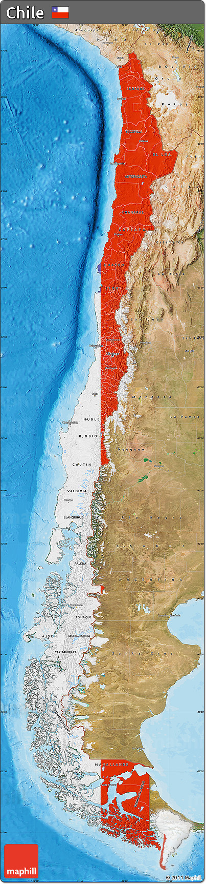 Flag Map of Chile, satellite outside, bathymetry sea, flag rotated
