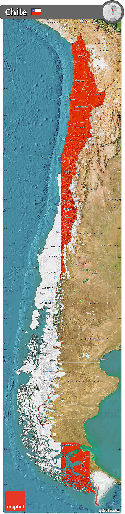 Flag Map of Chile, satellite outside, flag aligned to the middle