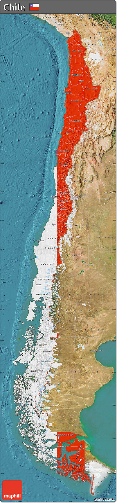 Flag Map of Chile, satellite outside, flag aligned to the middle