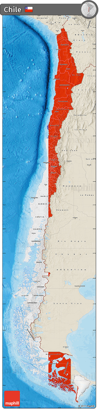Flag Map of Chile, shaded relief outside, bathymetry sea, flag rotated