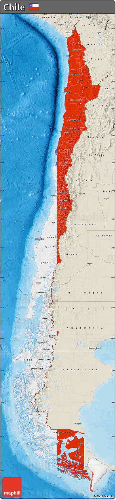 Flag Map of Chile, shaded relief outside, bathymetry sea, flag rotated