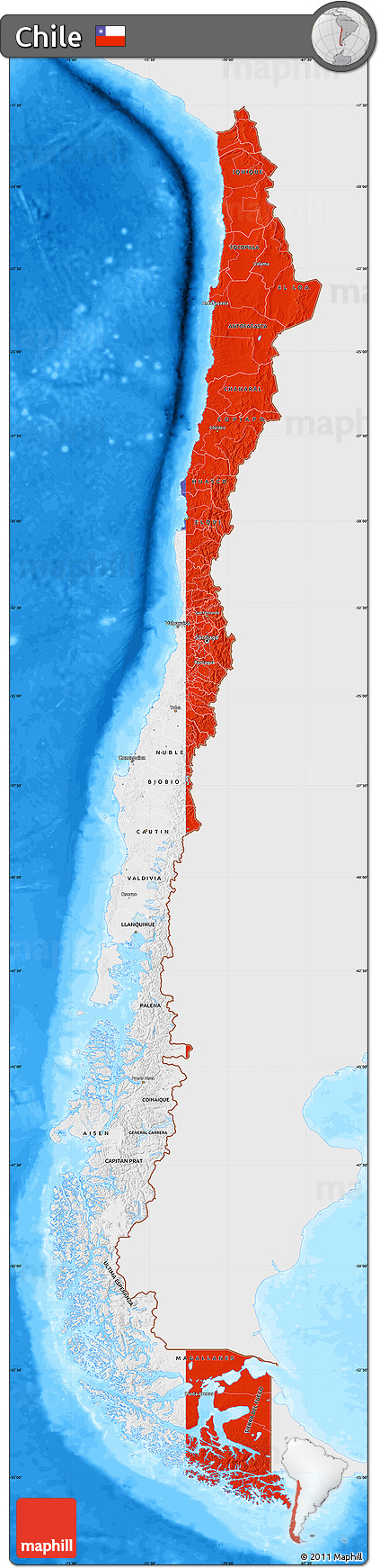Flag Map of Chile, single color outside, bathymetry sea, flag rotated