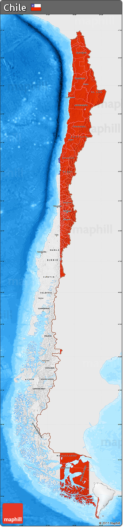 Flag Map of Chile, single color outside, bathymetry sea, flag rotated