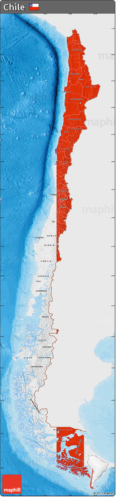 Flag Map of Chile, single color outside, bathymetry sea, shaded relief sea, flag aligned to the middle