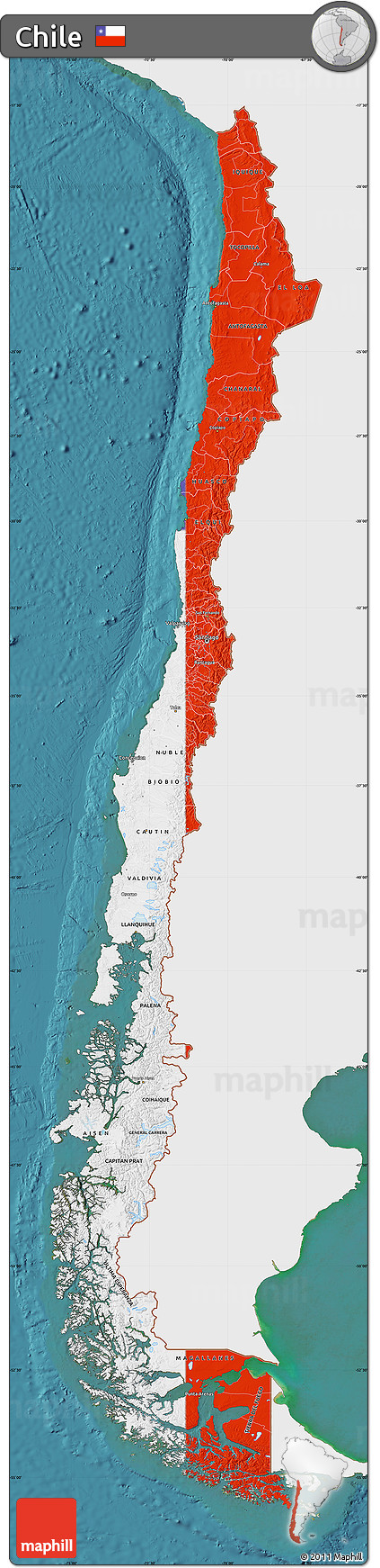 Flag Map of Chile, single color outside, satellite sea, flag aligned to the middle