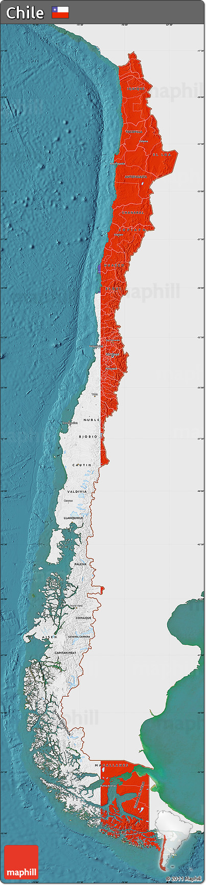 Flag Map of Chile, single color outside, satellite sea, flag rotated