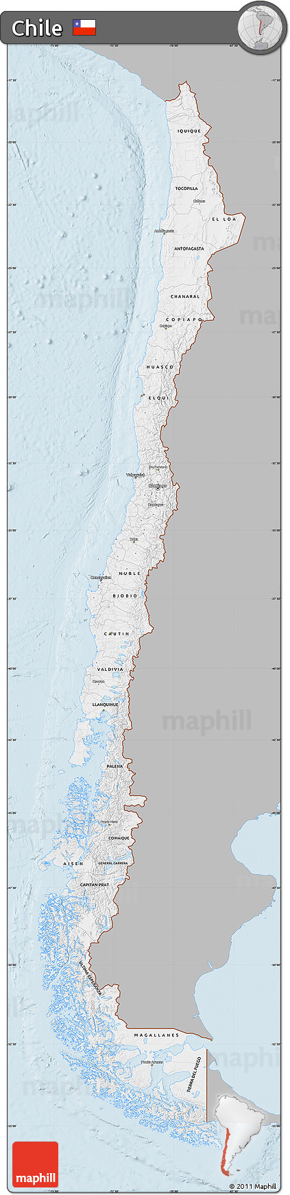 Gray Map of Chile, single color outside