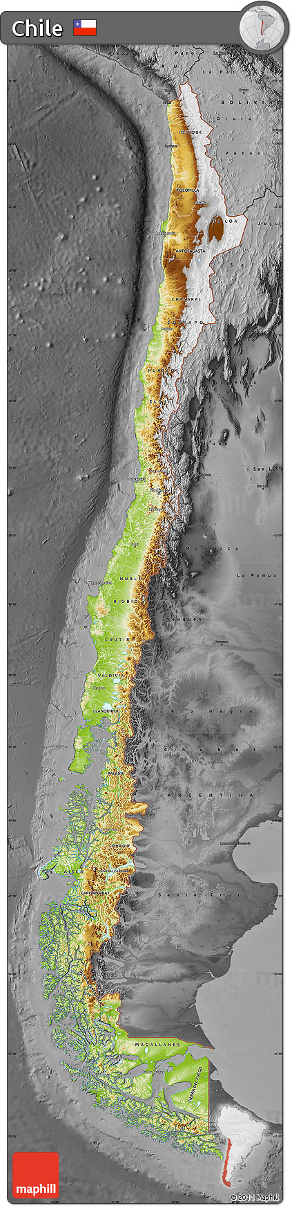 Physical Map of Chile, darken, desaturated