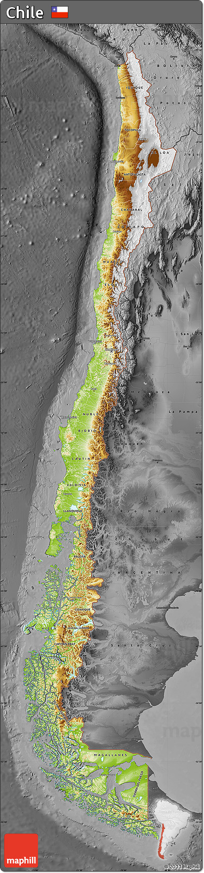 Physical Map of Chile, darken, desaturated