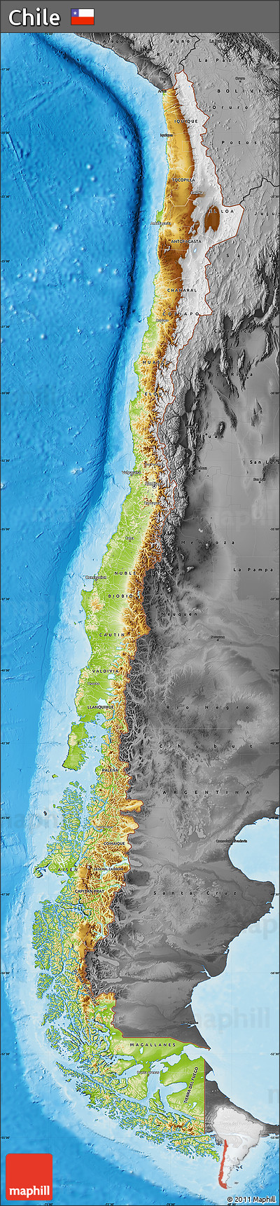 Physical Map of Chile, darken, desaturated, land only