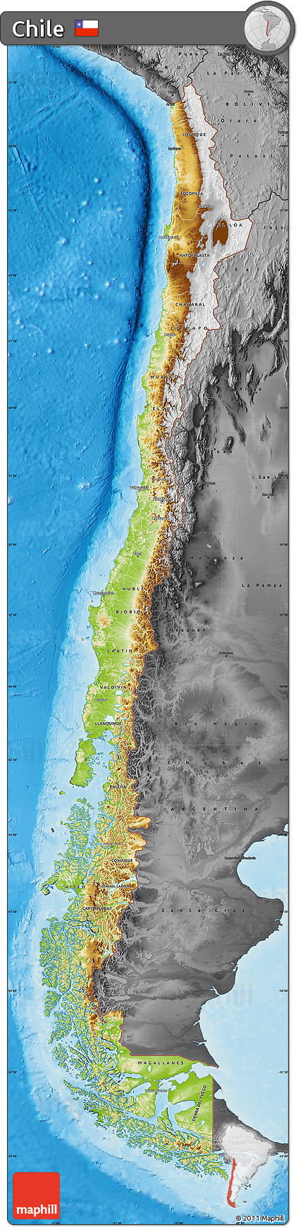 Physical Map of Chile, darken, desaturated, land only