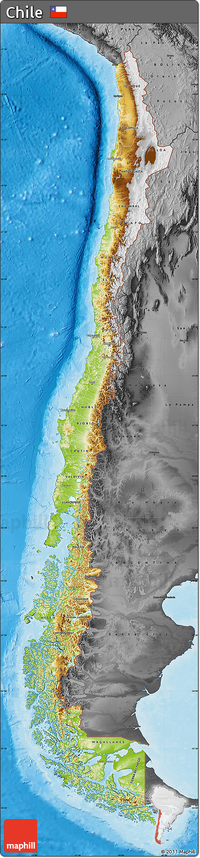 Physical Map of Chile, darken, desaturated, land only